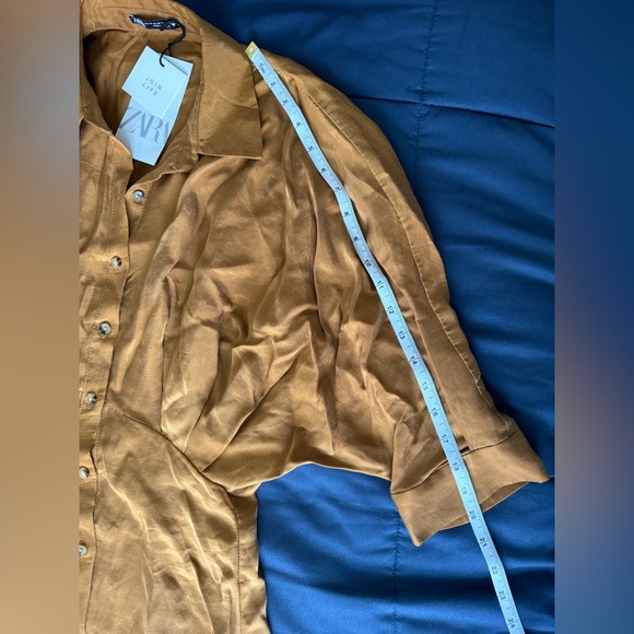 Zara NWT Women's Satin Pleated Midi Shirt Dress in Toffee (Gold) Size X-Small - Picture 8 of 12